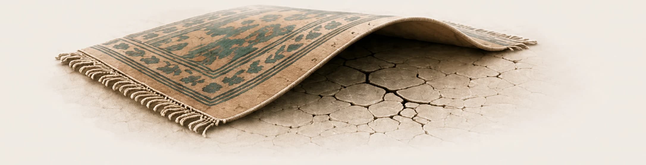 A rug partly concealing cracks in the ground.