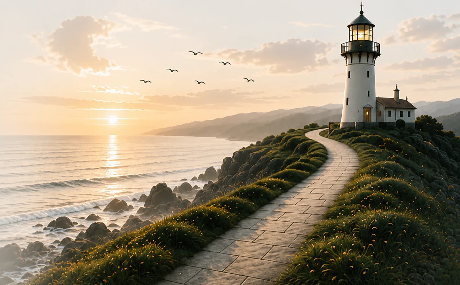 A lighthouse beside a winding coastal path at sunrise.