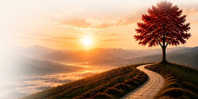 Sunrise over misty hills with a winding path and a red tree.