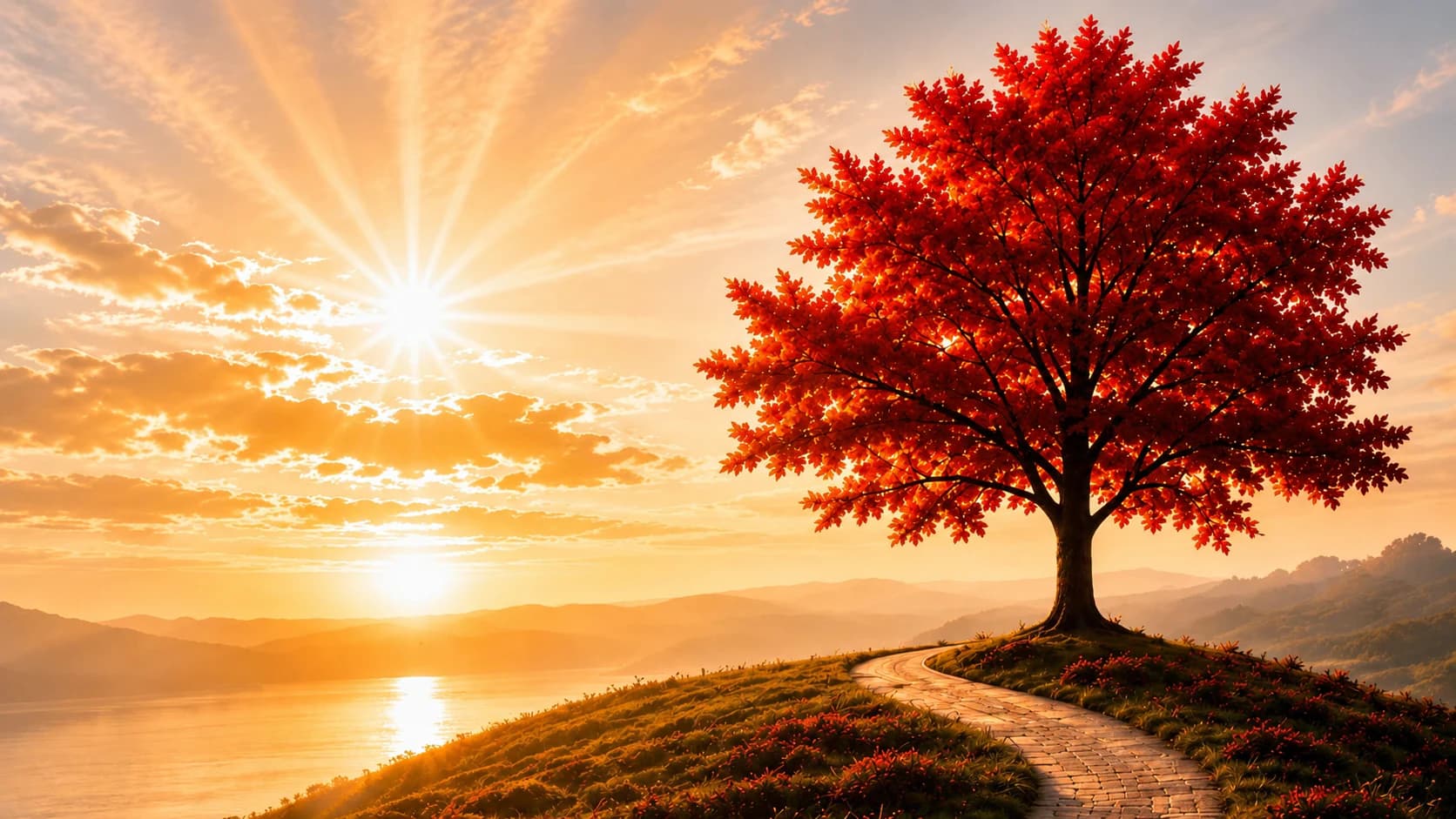 Sunrise over misty hills with a winding path and a red tree.